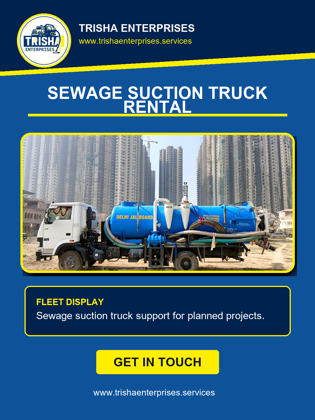 Sewage suction truck rental deployment for septic pumping and wet waste transfer.